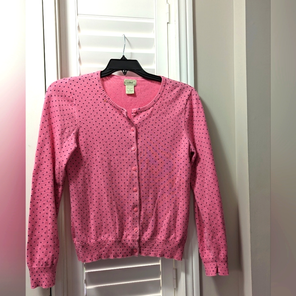 LL Bean pink with Navy Poka Dot Cotton Cardigan. Size Medium.